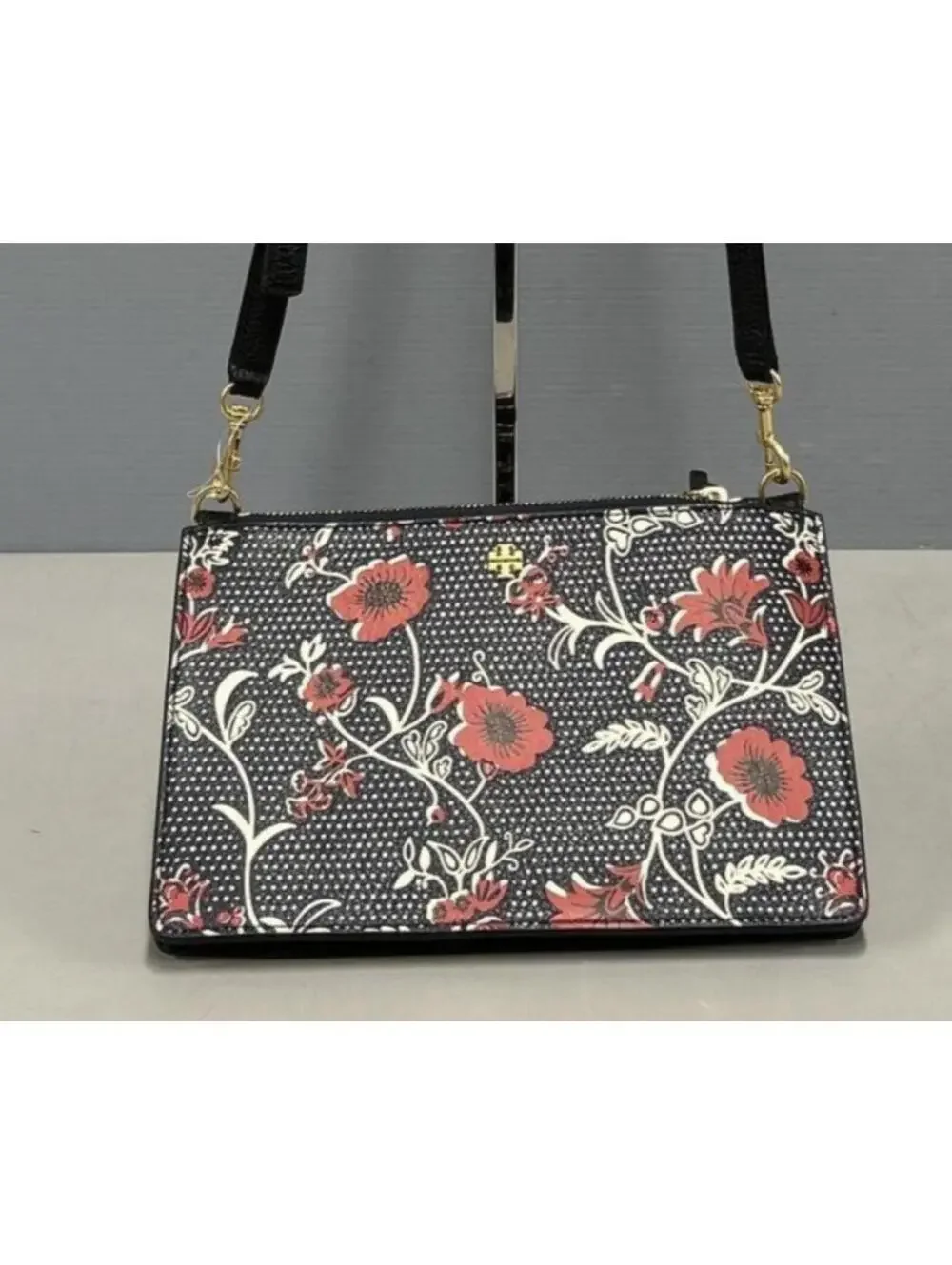 Tory Burch Blake Printed Crossbody Black and Red Floral Purse Pebbled Leather